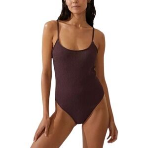 COTTON ON Women Textured Scoop Neck One Piece Swimsuit Willow Brown Crinkle L